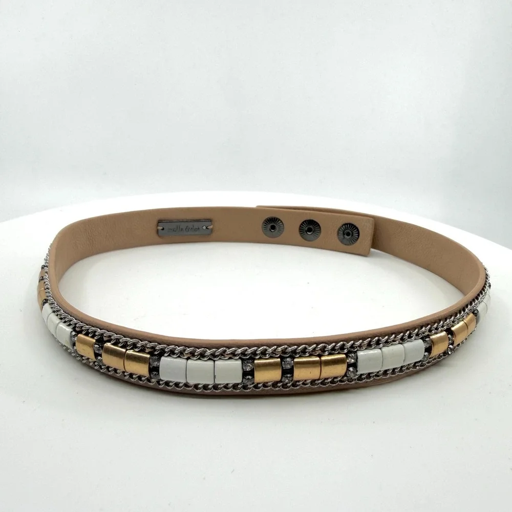Stella & Dot Tan Faux Leather Wrap Bracelet Mixed Metal Rhinestone Boho Gift
